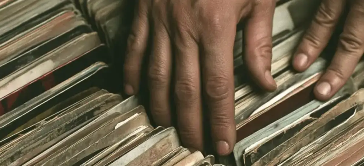 A pair of hands resting in a crate of records, packed tight, the paper sleeves worn soft and split at the edges.
