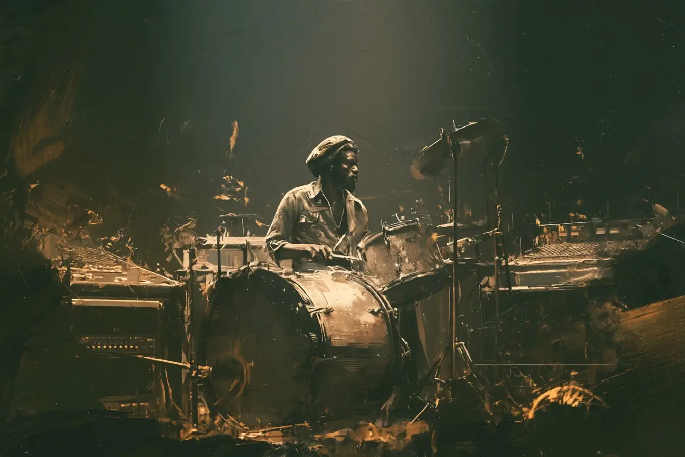 A painted illustration of a drummer at a kit on a dark stage, lit warm gold, with amplifiers and equipment stacked either side.