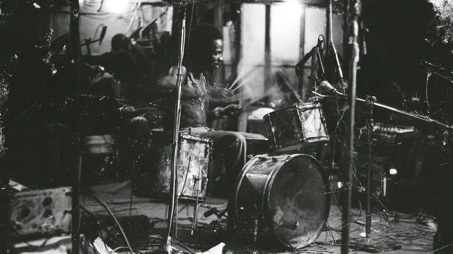 A drummer at a kit in a studio, seen through a thicket of microphone stands and cables, with a mixing desk behind.