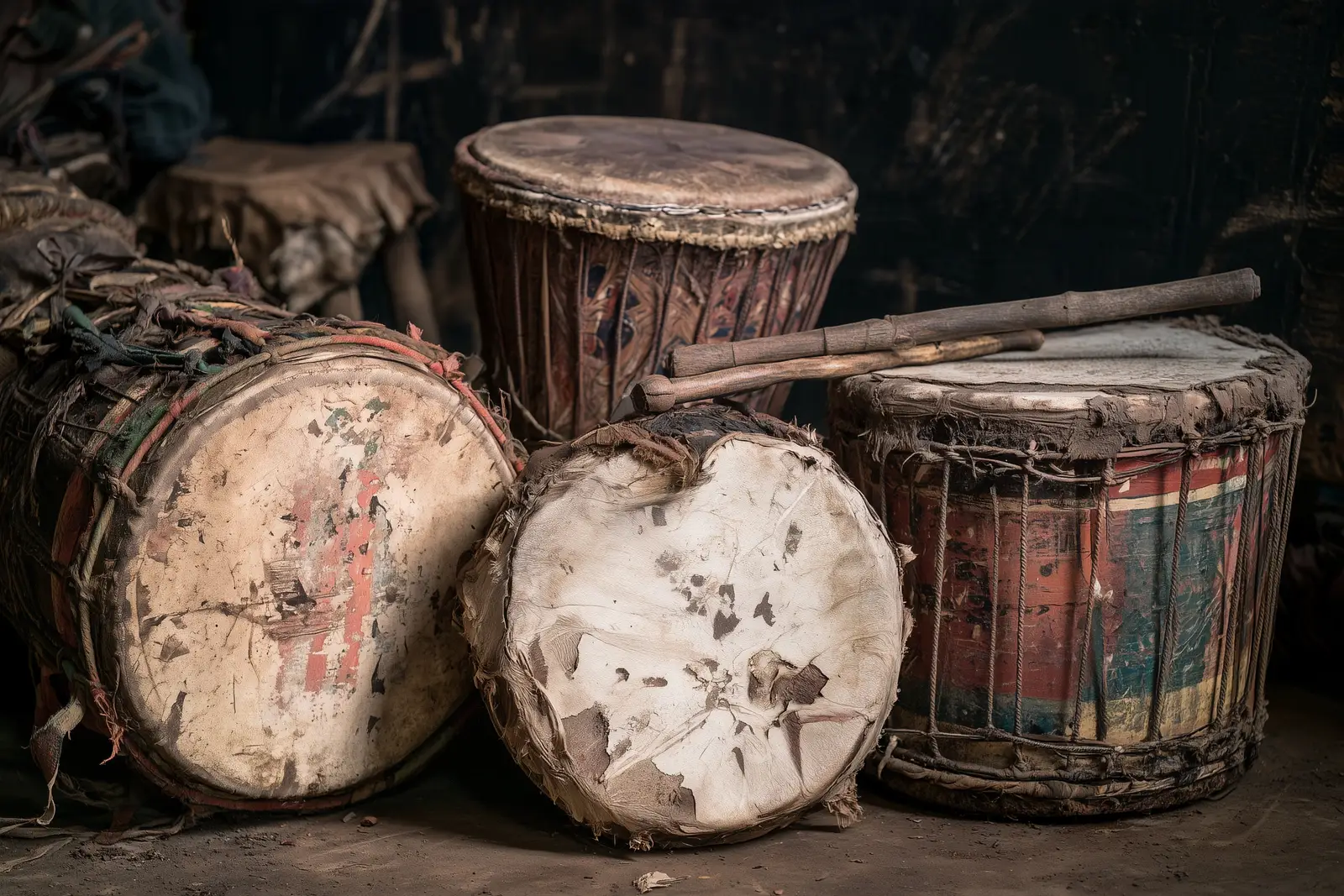 Hand drums resting together on the ground in a dark room, goatskin heads worn and patched, rope tensioning running down the painted shells, a wooden beater lying across them.