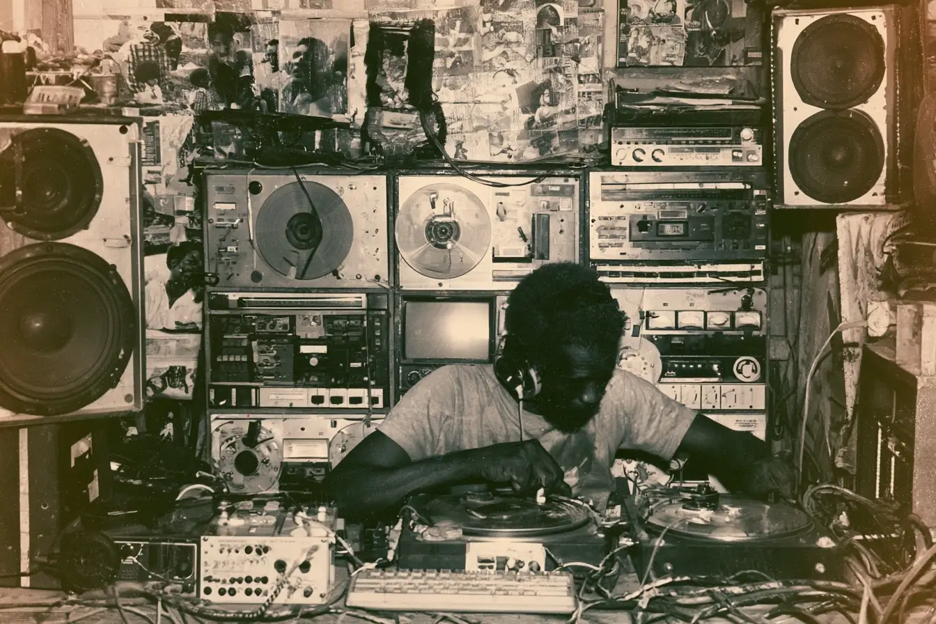 An engineer at work in a small studio, surrounded by reel to reel tape machines, hand wired racks, speaker cabinets and a wall papered with clippings.