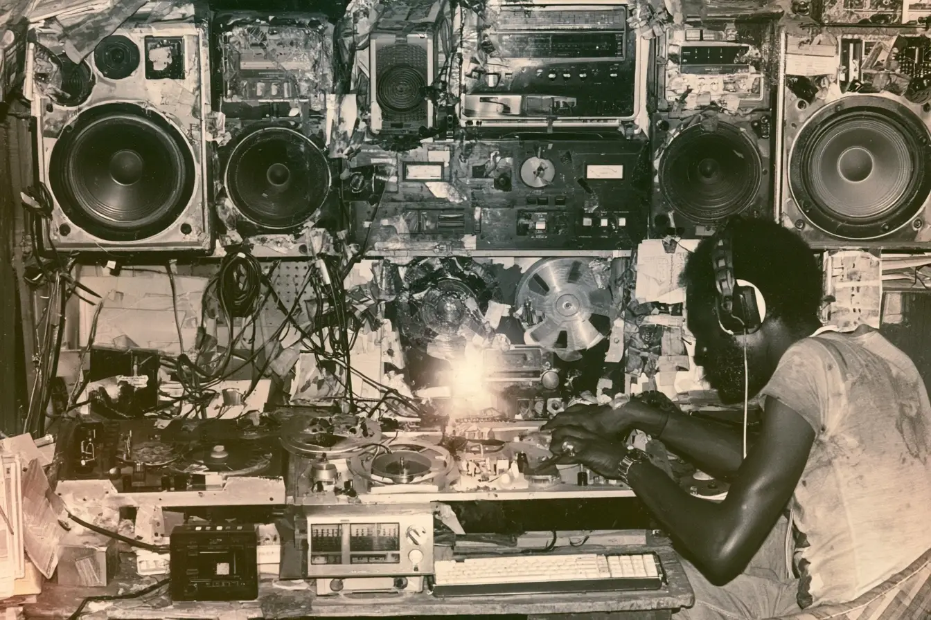An engineer seated in profile at a crowded studio bench, cueing a tape deck, with speaker cabinets and tape machines stacked on the wall above.