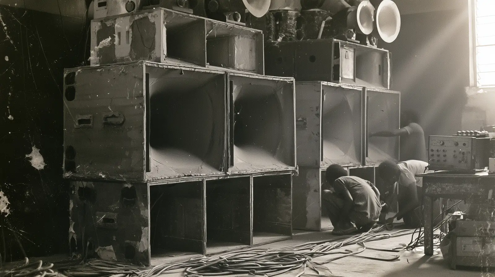A wall of hand built speaker cabinets stacked three high, folded horn bins facing out, with two people crouched at the base wiring them up and thick cable running across the floor.