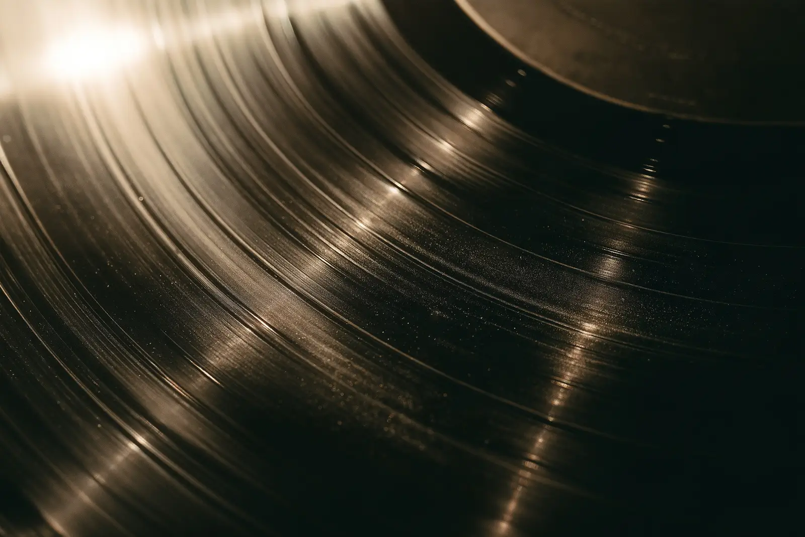 A close view across the surface of a vinyl record, raking light picking out the grooves and the dust in them.